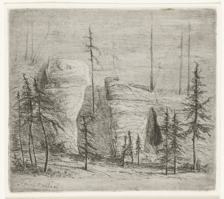 Rotslandschap met naaldbomen, de zogenaamde Teufelkanzel Teufelkantzel Baxen (titel op object), RP-P-1878-A-2779, Willem Matthias Jan van Dielen, between 1815 and 1867