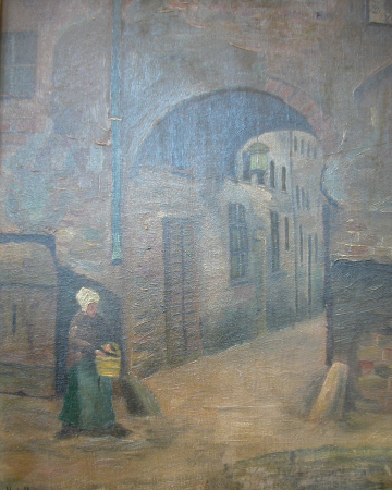 Street view with a woman carrying a bucket., Niels Holsøe, between 1881 and 1928