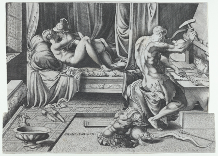 Venus and Mars Embracing as Vulcan Works at His Forge, Parmigianino, 1543