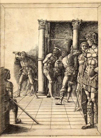 Mantegna - School ofstyle of - The flagellation of Christ, who is bound to a column in the corner of a portico being beaten by three men and watched by three Roman soldiers, 1845,0825.594, Andrea Mantegna