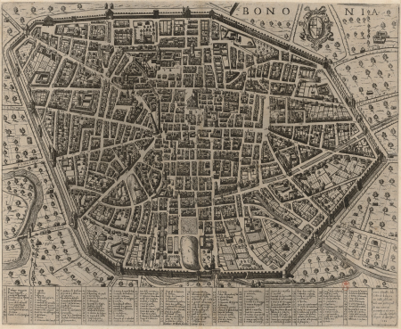 Bononia: True Portrait of the city of Bologna, with all the names of the main things of it as it is found today / by Claudio Duchetto, grandson of Ant. Lafreri. 1582, between 1582 and 1602