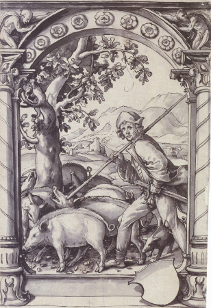 Design for a Stained Glass Window with a Swineherd, Hans Holbein the Younger, c. 1518–19