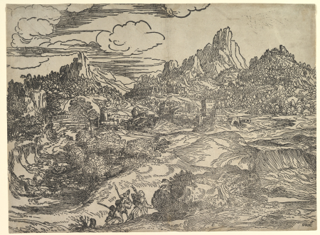 Landscape with family walking together in the foreground, at left two figures with herd of goats and sheep; a mill (?) and other buildings in the background, Domenico Campagnola, circa 1535–40