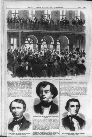 Secession meeting in front of the Mills House, Meeting Street, Charleston, S.C. (with portraits of Hon. James Chesnut, Jr., seceding Senator from South Carolina; Hon.Robert Toombs, Senator LCCN99614055, Frank Leslie, 1860