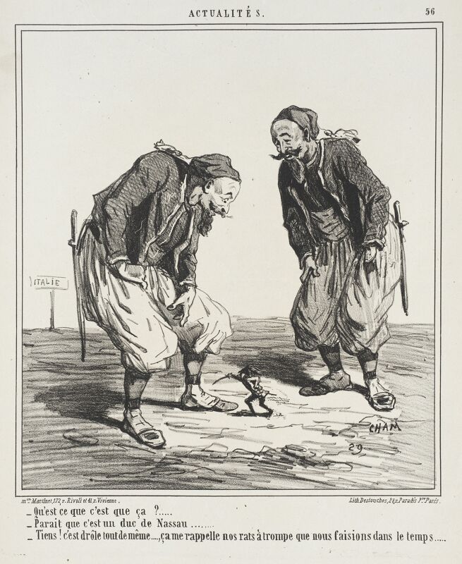 What is that? . . . Apparently it's a Duke of Nassau . . . Hey! That's funny all the same . . . It reminds me of three rats with trunks that we used to make in the past . . ., Amédée de Noé, 1866