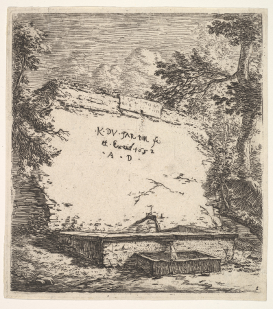 Frontispiece with stepped fountain; a stone wall with water spout pouring water into a rectilinear basin, from which a second spout pours water into a smaller rectilinear basin, flanked by tree branches, Karel Dujardin, 1652