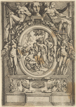 The Judgment of Paris; man seated at left reaches out to a woman who is flanked by two others, set within an elaborate frame, Andrea Schiavone, circa 1540–80
