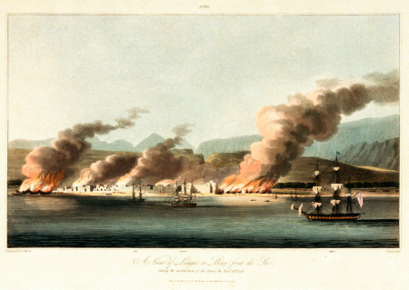 A view of Linga or Lung, from the sea, during the destruction of dhows on 16 November 1809, John Heaviside Clark, 1813