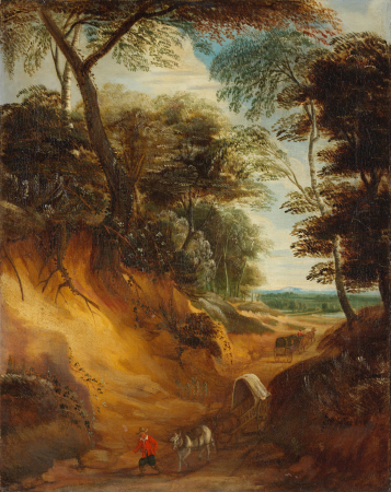 A hilly landscape with travellers and a wagon on a path, Lodewijk de Vadder