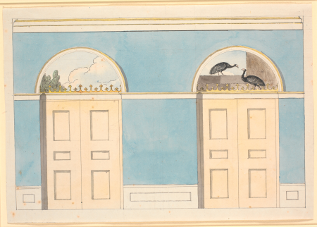 Draft wall decoration with semi-circular fields above two doors, on blue walls, Nicolai Abildgaard