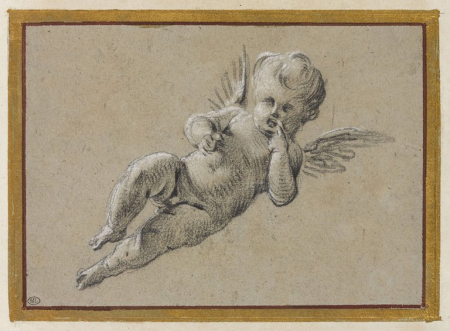 Vouet - Angelot couché, portant un doigt à sa bouche, RF 28138, Recto, Simon Vouet