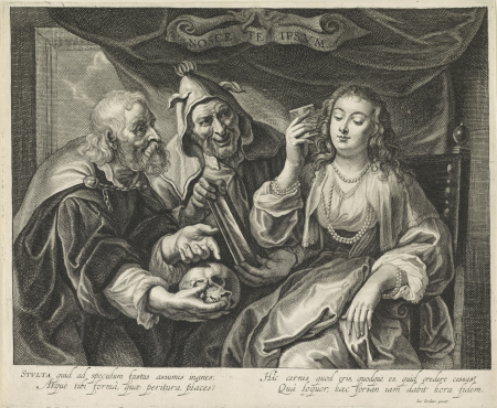 Vrouw met een kam kijkt in een spiegel Nosce te Ipsvm (titel op object), RP-P-OB-61.760, Jacob Jordaens, between 1661 and 1695