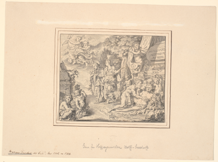 Allegorical leaf with the drowned Silenus and other mythological and allegorical figures at a sarcophagus with the inscription: "Sepulcrum pudicitiae mortae", Carl Marcus Tuscher
