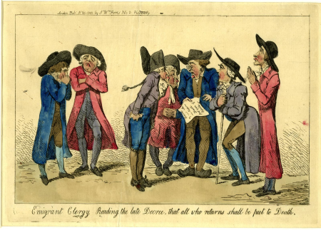 Emigrant clergy reading the late decree, that all who returns shall be put to death., Isaac Cruikshank, 1792