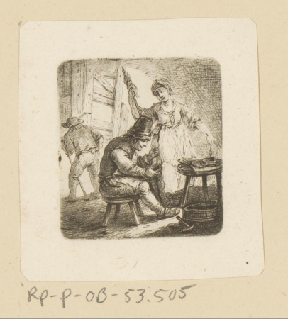 Schoenmaker en vrouw met spinrokken, RP-P-OB-53.505, Johann Andreas Benjamin Nothnagel, between 1739 and 1804