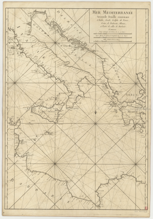 Map of the Mediterranean Sea in Three Sheets / Presented to Mgr. the Count of Maurepas; By Mr. Grognard, Pilot maintained at the Department of Toulon; Dheulland sculpted; Bourgoins the Younger scripsit, 1745
