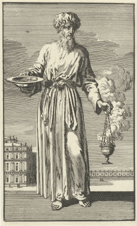 Hogepriester in witte liturgische kleding behorend bij de Grote Verzoendag II (variant B), RP-P-OB-44.141, Jan Luyken, between 1669 and 1712