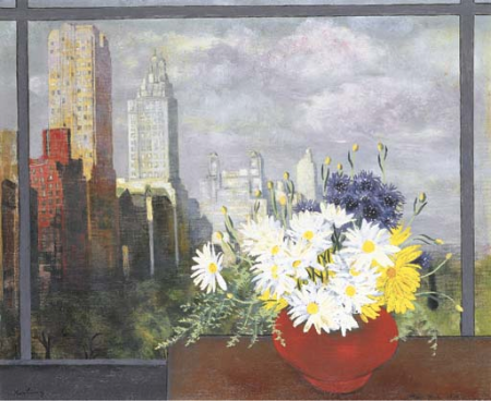 Bouquet of flowers in front of the window, New York, Moïse Kisling, 1946