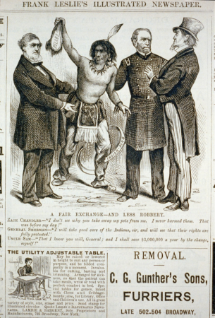 A fair exchange - and less robbery (cartoon showing Indian holding scalp of Delano; Zach Chandler saying to Uncle Sam, "I don't see why you should take my pets away from me ..."; Gen. LCCN99614133, Frank Leslie, 1876