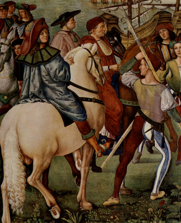Fresco cycle on the life and deeds of Enea Silvio Piccolomini, Pope Pius II in the cathedral library in Siena, scene: E. S. Piccolomini sets off for the council in Basel, detail, Pinturicchio, 1502-1507
