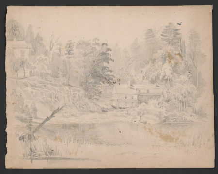 Two houses along a river, one up on a rocky embankment, the other closer to the water's edge. A figure, perhaps a woman with a parasol, walks toward the water's edge where a rowboat is on LCCN2016645933, James Fuller Queen, 1840