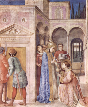 Fresco cycle on the lives of Saints Stephen and Lawrence, scene: Before his execution, the Pope hands over the church treasure to Saint Lawrence, Fra Angelico, between 1447 and 1450
