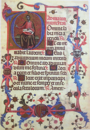 Marginalia, Decorative lighting on folio 161v, from the Book of Hours of Maria de Navarra. The main scene of this folio is the work of Arnau Bassa; the marginalia is by the Master of Baltimore, 1337