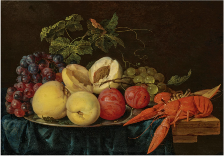 Fruit on a silver platter with lobsters on a partially draped table, Jan Davidsz. de Heem