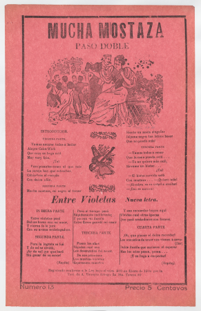 Broadsheet with songs for a two-step dance (paso doble), a man and woman talking while elegantly dressed couples dance in the background, José Guadalupe Posada