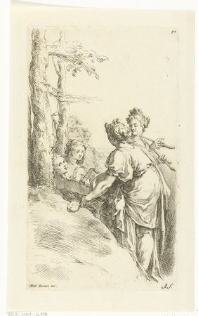 Musicerende meisjes in een landschap Paradigmata graphices variorum artificum (serietitel), RP-P-1907-4014, Jan de Bisschop, between 1668 and 1671