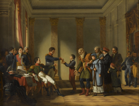 Benevolence of Napoleon I towards Narocki, a 117-year-old Polish man who was introduced to him, Jean-Charles Tardieu, circa 1812.