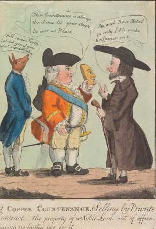 A Copper Countenance, Selling by Private Contract, The Property of a Noble Lord Out of Office Having No Further Use for It..., James Gillray, 1780