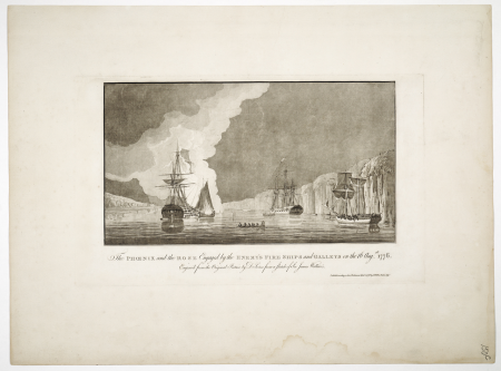 (References to the sketch of operations at New York (HNS 149) with a view of the engagement on the Hudson river on 16 August 1776.) RMG K0373, Dominic Serres, 1777