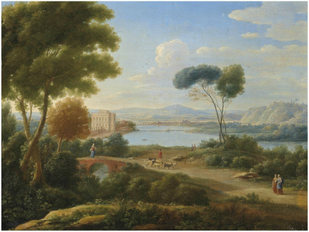 A classical river landscape with figures on a path and a palace in the distance, Hendrik Frans van Lint, 1721