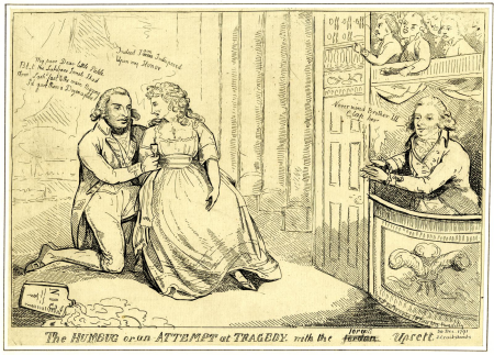 The humbug or an attempt at tragedy, with the Jordan [struck through and replaced by] Joram upsett., Isaac Cruikshank, 1791