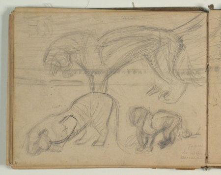 Landscape sketch and sketch of jaguars and tigers, Niels Larsen Stevns