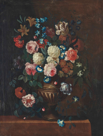 Roses, snowballs, convolvulus and other flowers in an urn on a stone ledge, Simon Hardimé, between 1688 and 1737