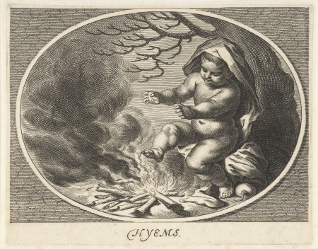 Winter in gedaante van kind dat zich warmt bij vuur Hyems (titel op object) Vier jaargetijden (serietitel), RP-P-BI-6745, Cornelis van Dalen II, between 1648 and 1664