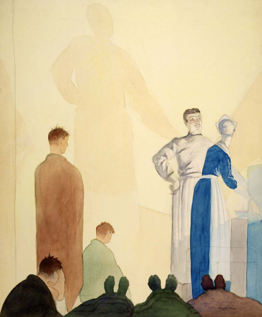 Hospital--On the Stretcher Where I Lay I Opened My Eyes and Great Shadows Quivered on the Wall... The Feet of the Row in Front of Me Stuck Up Like Footlights at the Play, Claggett Wilson, circa 1919