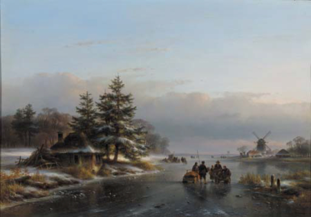 Peasants conversing on a frozen river, a cookie and a drink beyond, Lodewijk Johannes Kleijn