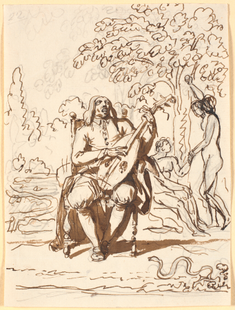 Milton, seated with a lute, seen en face, in the background the Fall, Nicolai Abildgaard