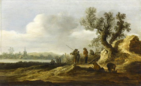 A landscape with figures conversing beneath a tree, Jan van Goyen, before 1656
