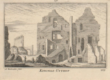 Gezicht op de ruïne van het Konings Uithof, 1573 Konings-Uythof 1573 (titel op object), RP-P-OB-73.483, Abraham Rademaker, between 1727 and 1733