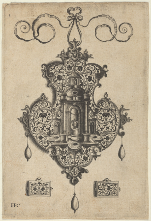 Pendant Design with Niche and a Vase with Two Handles Above Rectangular Ornaments, Jan Collaert (I), before 1573