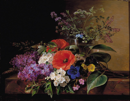 Lilacs, poppies and fruit branches on a stone ledge., Johan Laurentz Jensen, 1835