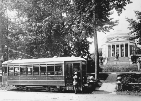 Trolley in front of The Rotunda at the University of Virginia, 12 June 1914