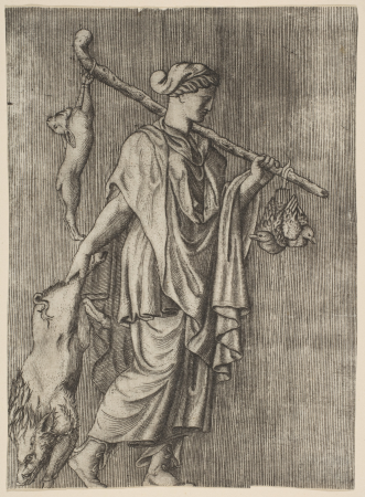 Woman returning from a hunt carrying a boar in her right hand and a stick on her left shoulder to which a hare and two ducks are tied, Marco Dente, circa 1515–27