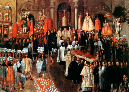 Mercedarian Friars in the procession Corpus Christ at the Main Square of Cusco. Santa Cruz Puma Callao. 17th century, Diego Quispe Tito