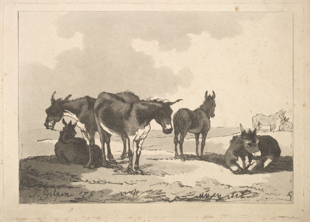 A Group of Five Donkeys, Three Standing, Two Lying, Thomas Rowlandson, 1783
