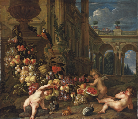 An architectural capriccio with putti around a swag of fruit, with a parrot, squirrel and rabbits, Peter Ykens, between 1671 and 1695